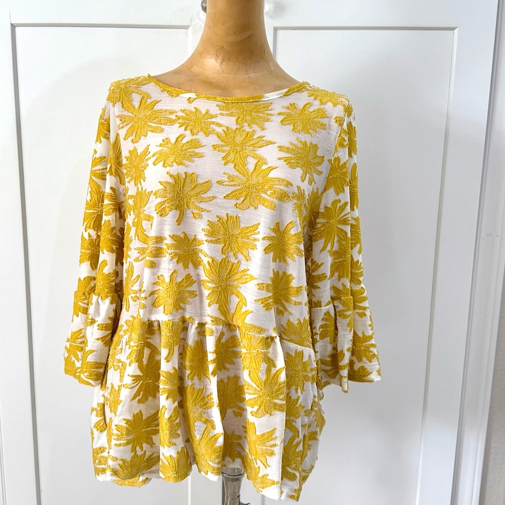 Floral Yellow and Cream , Bell sleeve bohemian Women's Top by Lavish